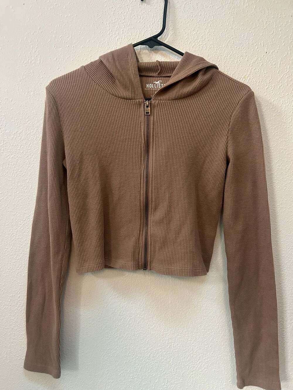Hollister Waffle Knit Zip Up Hoodie Size S Brown Cropped